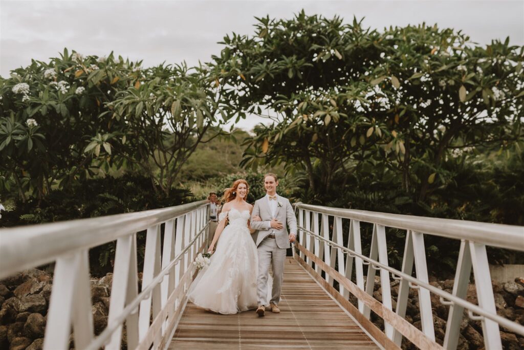 walking across the bridge to the wedding