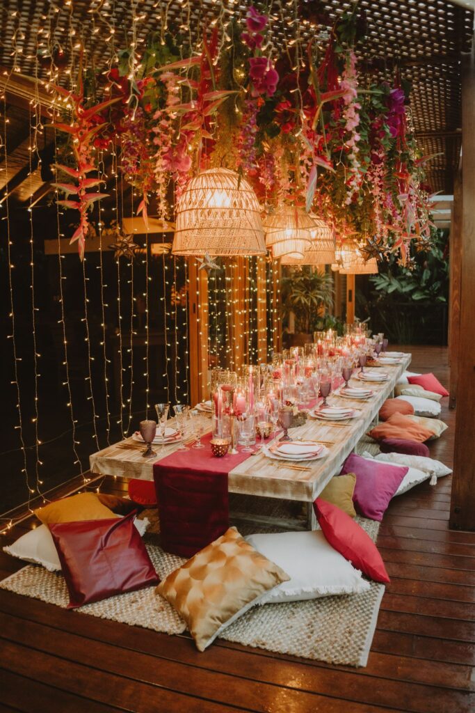 Pink and red jungle elopement decor