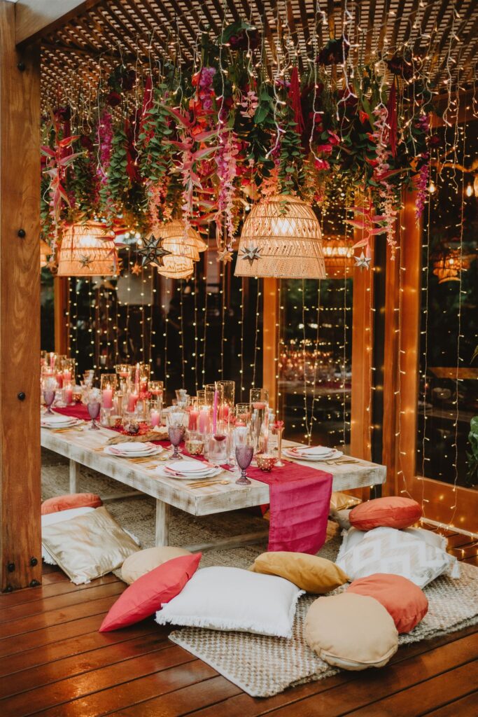 Pink and red jungle elopement decor