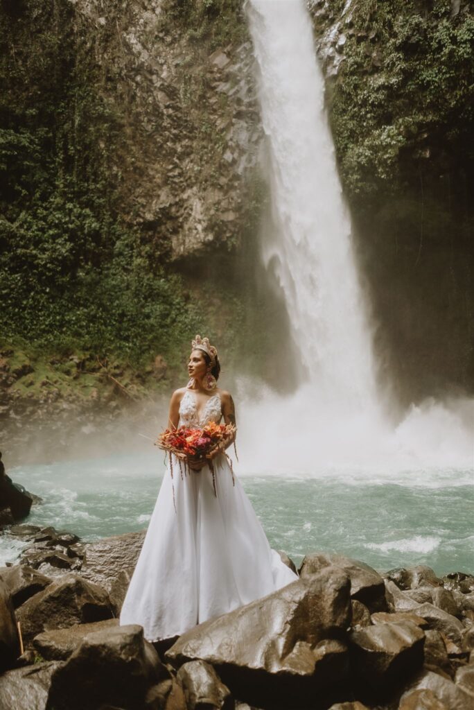 bride in Costa Rica Waterfall falls